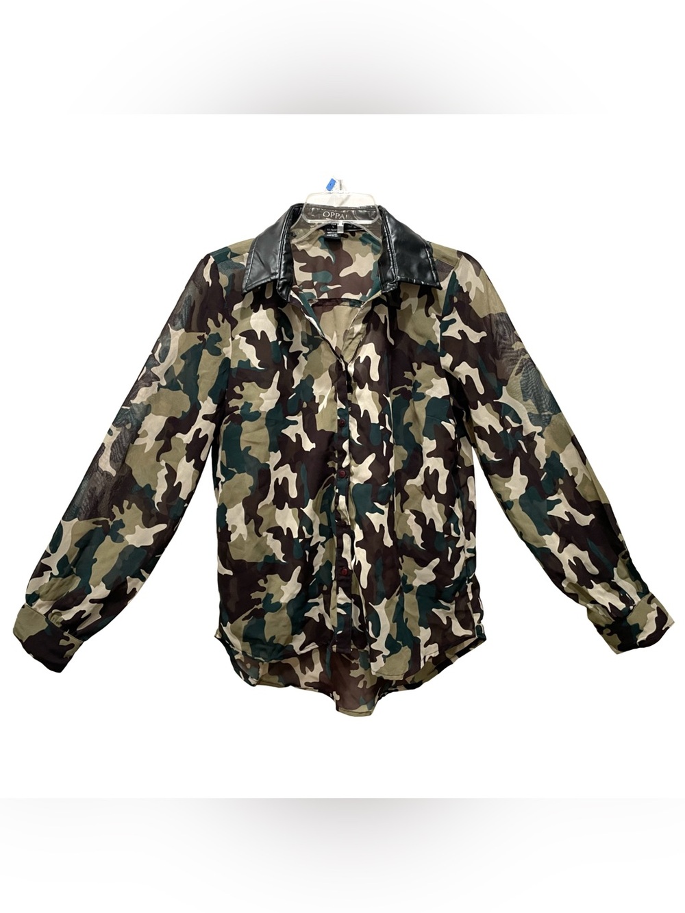 Oppa!Camo Sheer Leather Collar Blouse Size L Mesh Button Up Army Grunge Edge Alt